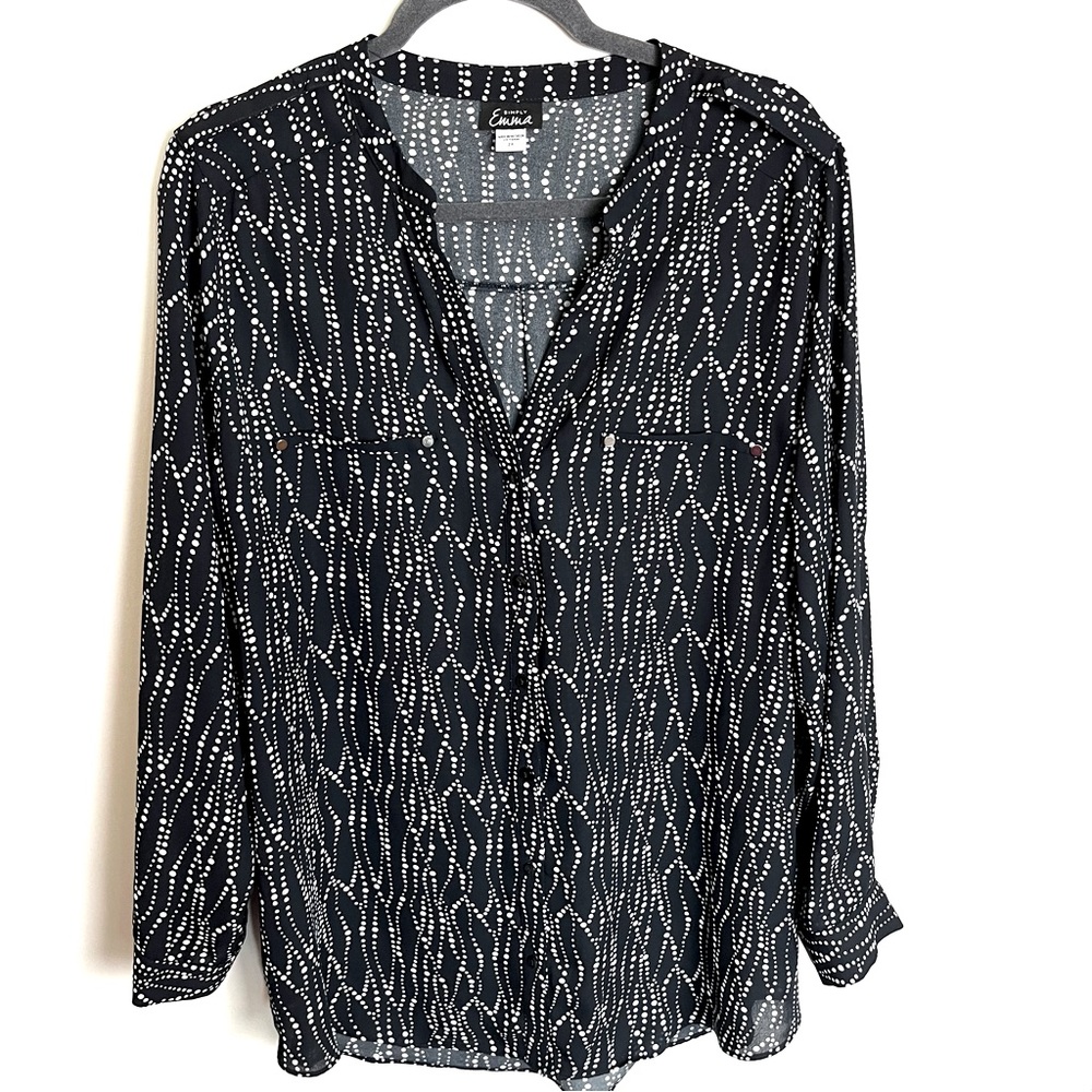 Simply Emma Top Womens 2x Black White Dot Button Front Convertible Tab Sleeves